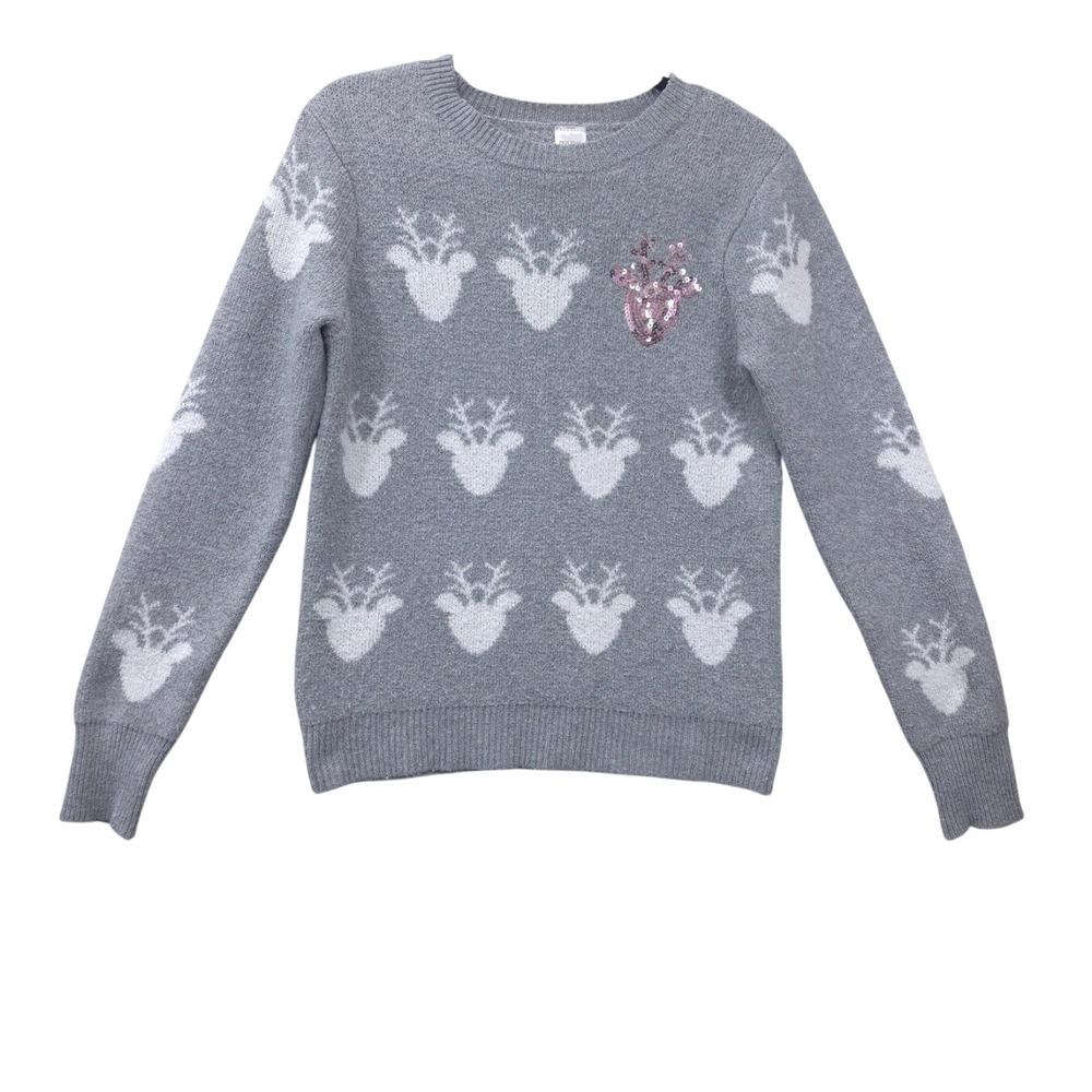Holiday Time Gray Reindeer Sequin Sweater Womens Small Crew Neck Festive Ugly